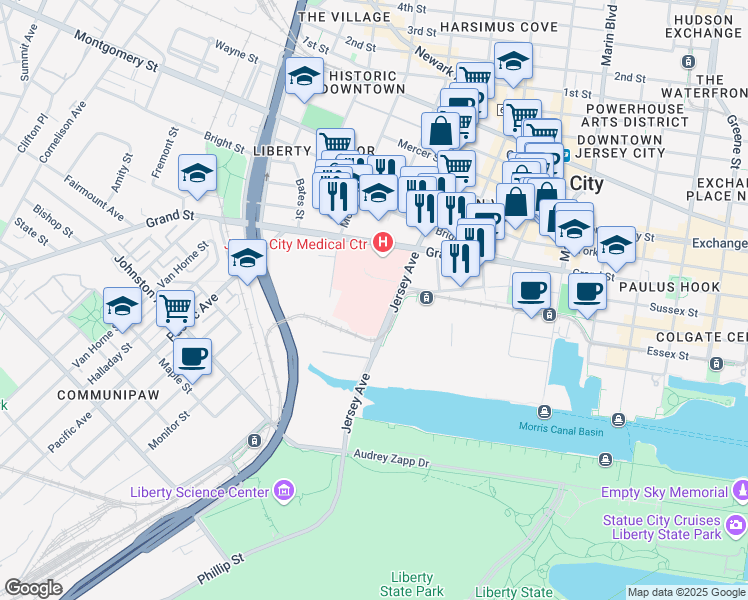 map of restaurants, bars, coffee shops, grocery stores, and more near 359 Jersey Avenue in Jersey City