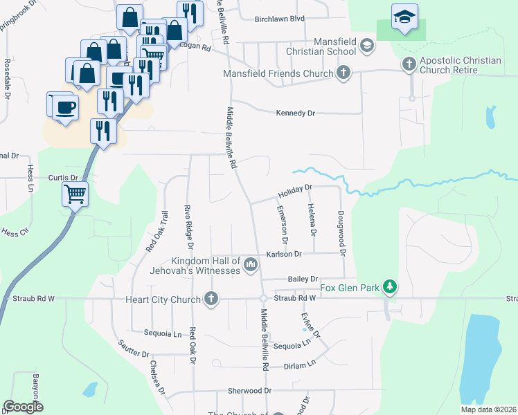 map of restaurants, bars, coffee shops, grocery stores, and more near 1702 Middle Bellville Rd in Mansfield