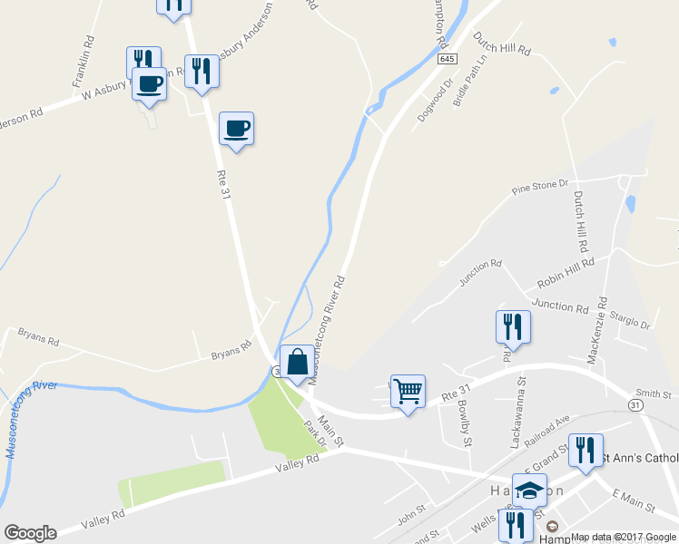map of restaurants, bars, coffee shops, grocery stores, and more near 15 Musconetcong River Road in Hampton