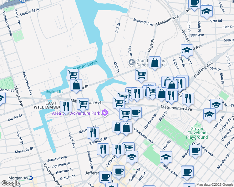 map of restaurants, bars, coffee shops, grocery stores, and more near in Queens