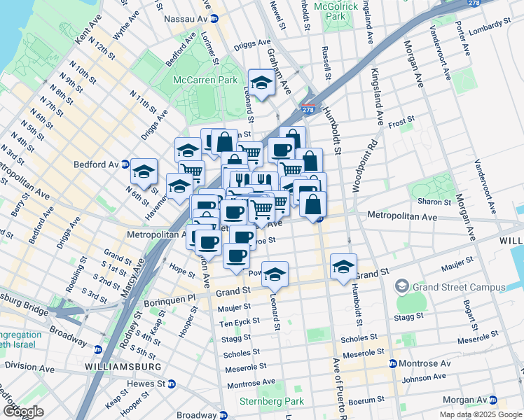 map of restaurants, bars, coffee shops, grocery stores, and more near Leonard Street & Conselyea Street in Brooklyn