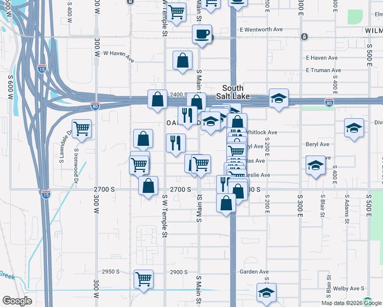 map of restaurants, bars, coffee shops, grocery stores, and more near 15 West Stratford Avenue in South Salt Lake