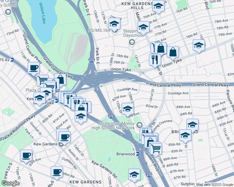 map of restaurants, bars, coffee shops, grocery stores, and more near 81-09 135th Street in Queens