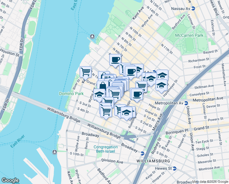 map of restaurants, bars, coffee shops, grocery stores, and more near 156 Grand Street in Brooklyn