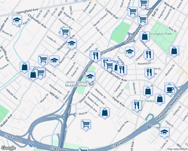 map of restaurants, bars, coffee shops, grocery stores, and more near 419 Union Avenue in Irvington