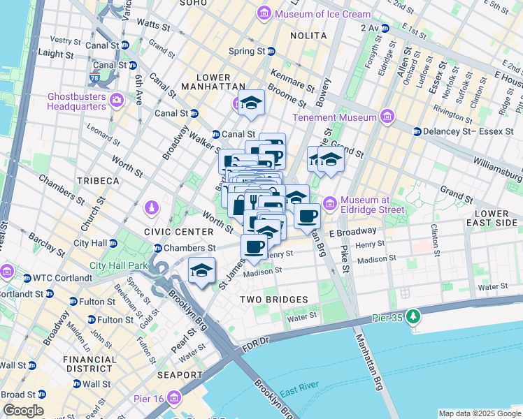 map of restaurants, bars, coffee shops, grocery stores, and more near 12 Chatham Square in New York