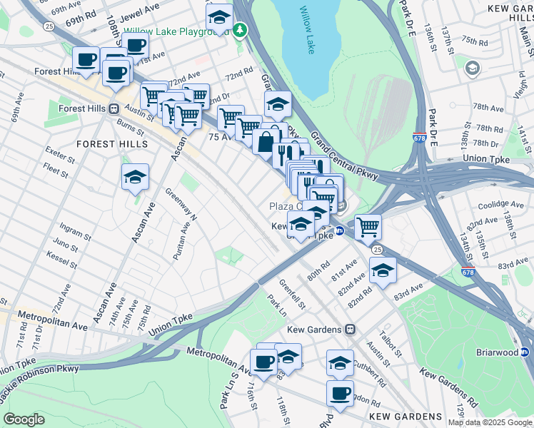map of restaurants, bars, coffee shops, grocery stores, and more near 111-03 77th Avenue in Queens