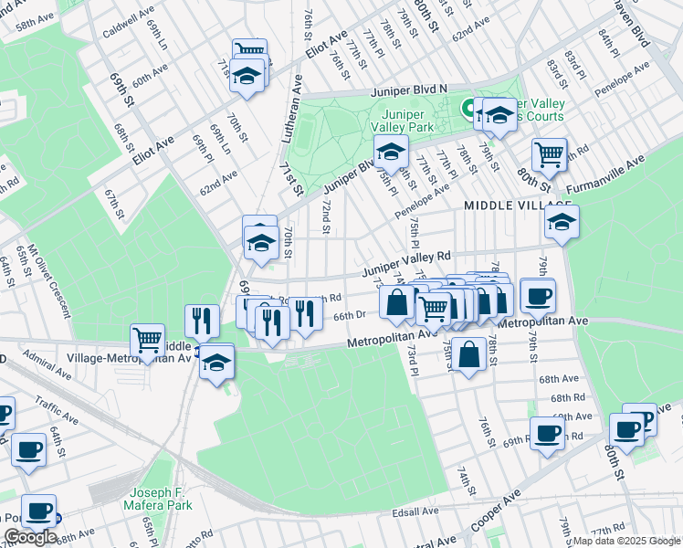 map of restaurants, bars, coffee shops, grocery stores, and more near 72-16 Juniper Valley Road in Queens