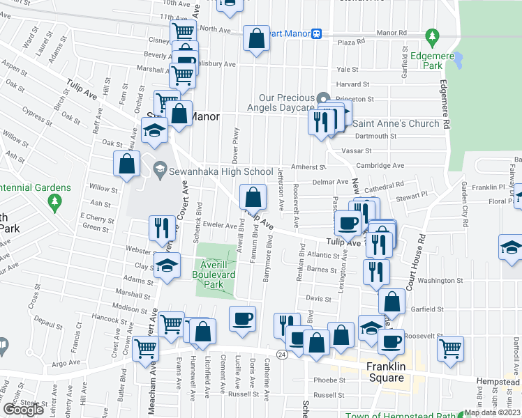 map of restaurants, bars, coffee shops, grocery stores, and more near 33 Lee Court in Franklin Square