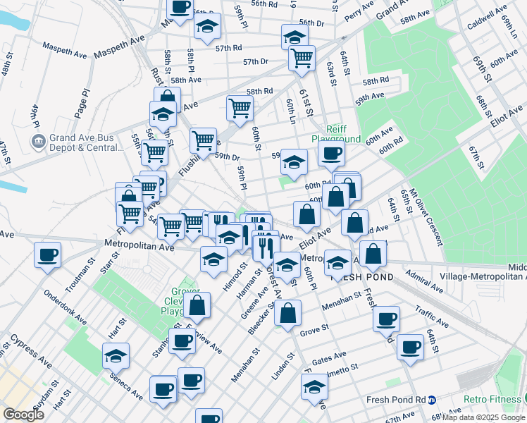 map of restaurants, bars, coffee shops, grocery stores, and more near 60-50 60th Street in Queens
