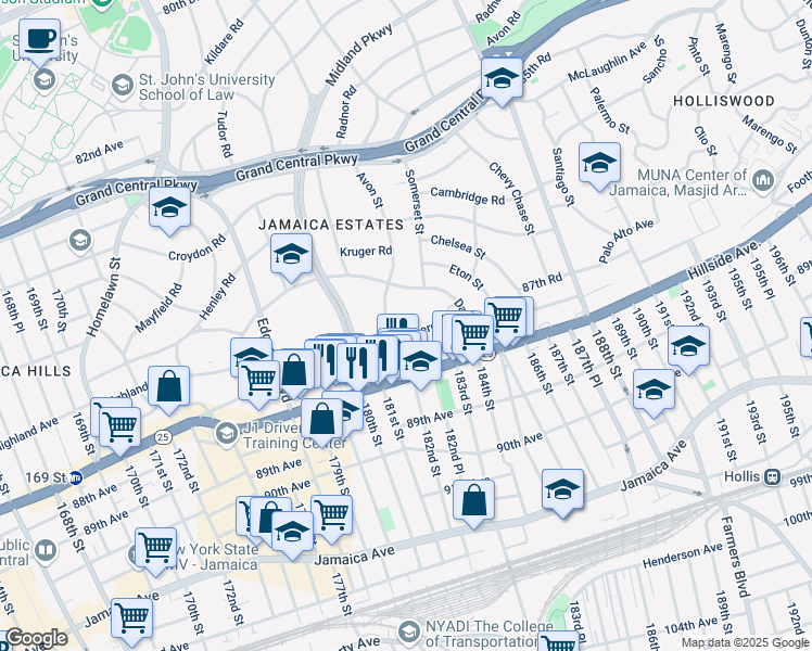 map of restaurants, bars, coffee shops, grocery stores, and more near 182-15 Wexford Terrace in Queens