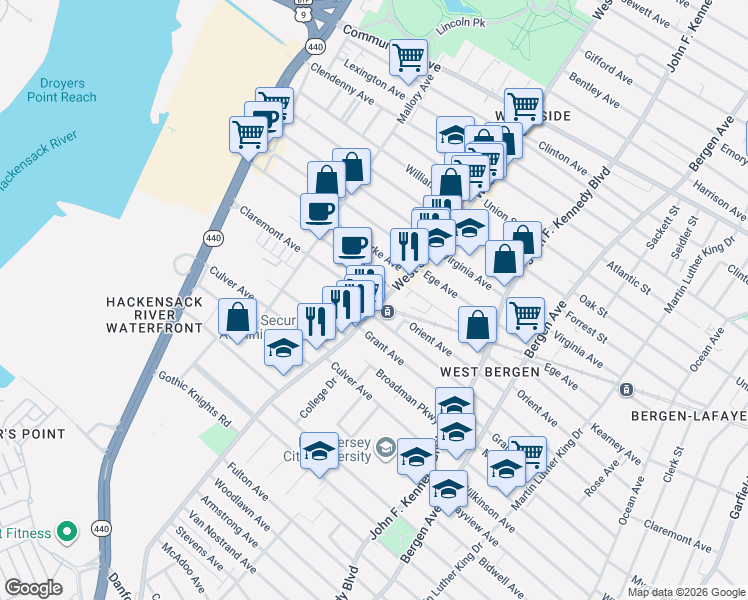 map of restaurants, bars, coffee shops, grocery stores, and more near in Jersey City
