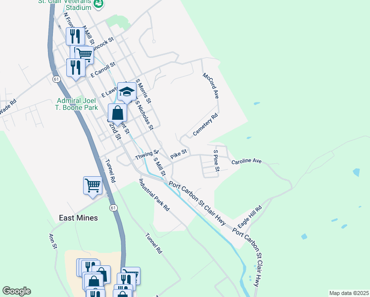 map of restaurants, bars, coffee shops, grocery stores, and more near 33 Pike Street in Saint Clair
