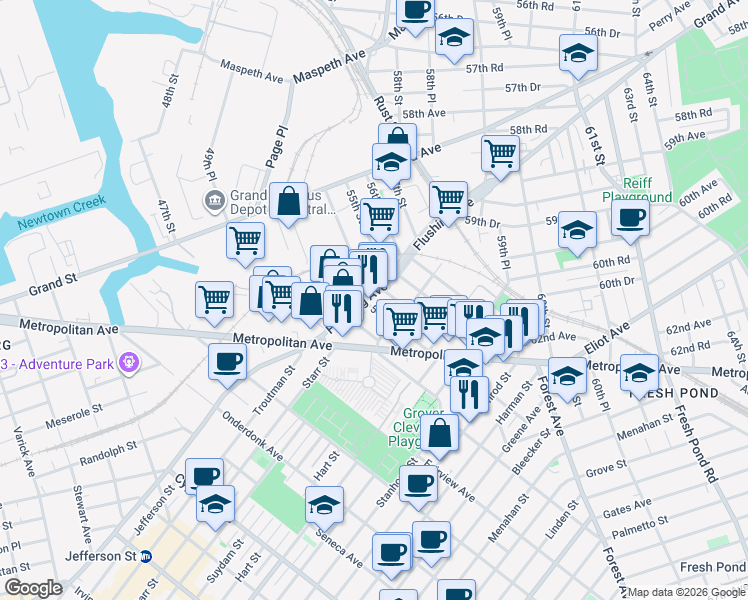 map of restaurants, bars, coffee shops, grocery stores, and more near 60-25 54th Street in Queens
