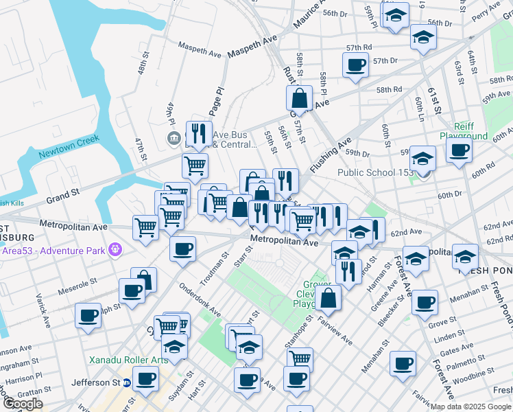 map of restaurants, bars, coffee shops, grocery stores, and more near 53-02 Flushing Avenue in Queens
