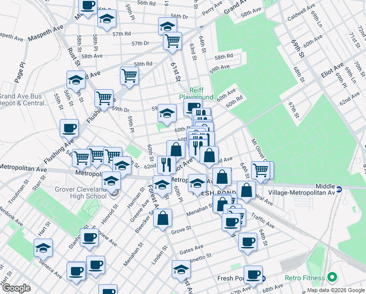 map of restaurants, bars, coffee shops, grocery stores, and more near 60-74 60th Lane in Queens