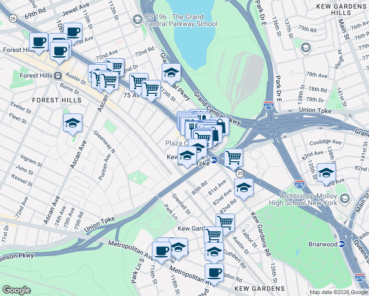 map of restaurants, bars, coffee shops, grocery stores, and more near 78-20 Kew Forest Lane in Queens