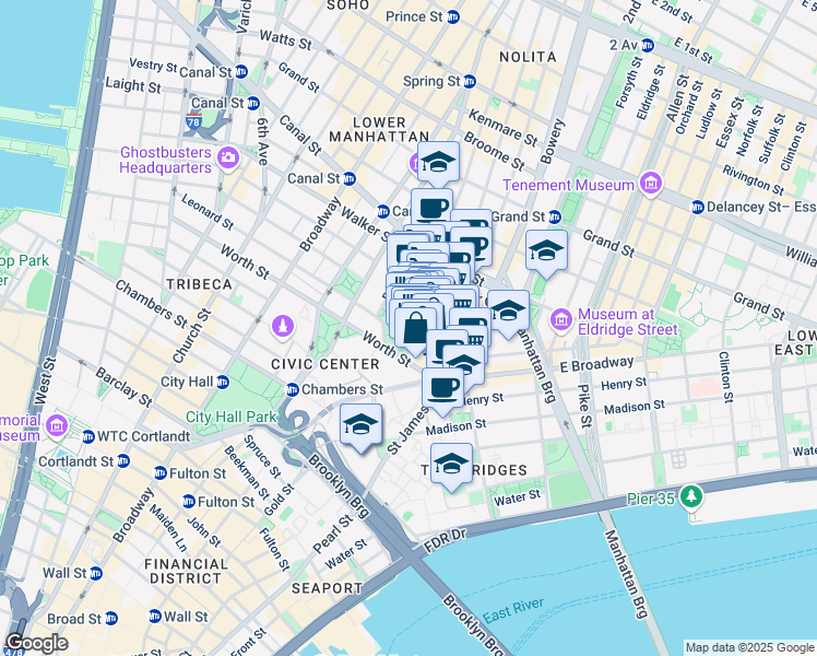 map of restaurants, bars, coffee shops, grocery stores, and more near 42 Mulberry Street in New York