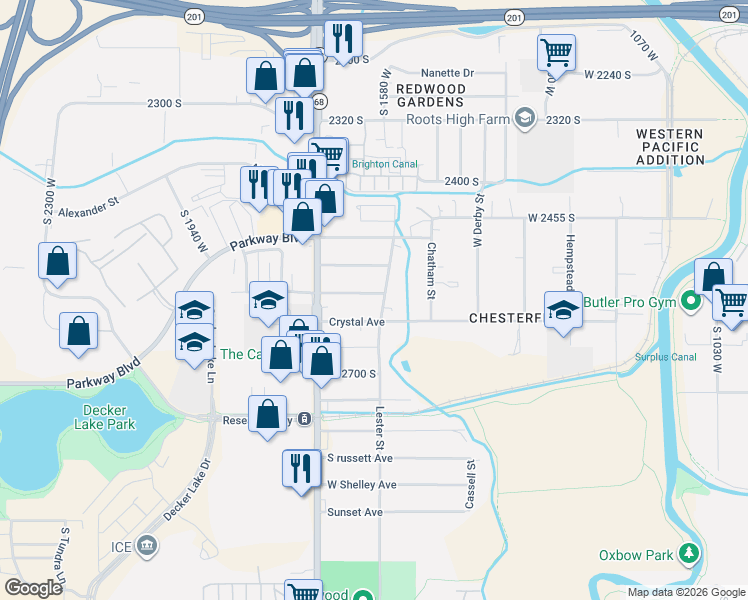map of restaurants, bars, coffee shops, grocery stores, and more near 1597 West Stratford Avenue in West Valley City