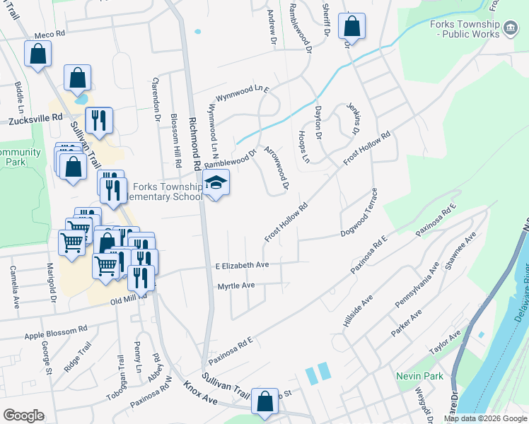 map of restaurants, bars, coffee shops, grocery stores, and more near 206 Frost Hollow Road in Easton
