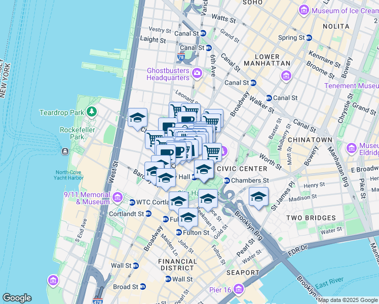 map of restaurants, bars, coffee shops, grocery stores, and more near 80 Chambers Street in New York