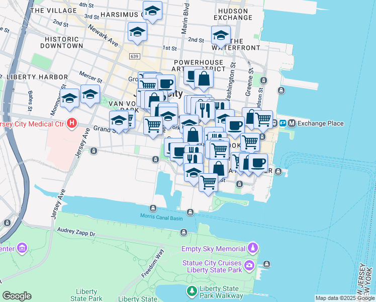 map of restaurants, bars, coffee shops, grocery stores, and more near 207 Warren Street in Jersey City