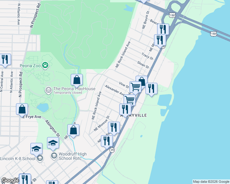 map of restaurants, bars, coffee shops, grocery stores, and more near 521 Alexander Avenue in Peoria