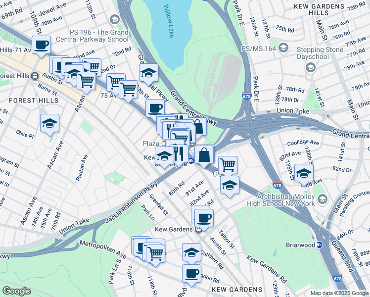 map of restaurants, bars, coffee shops, grocery stores, and more near 11821 Queens Boulevard in Queens