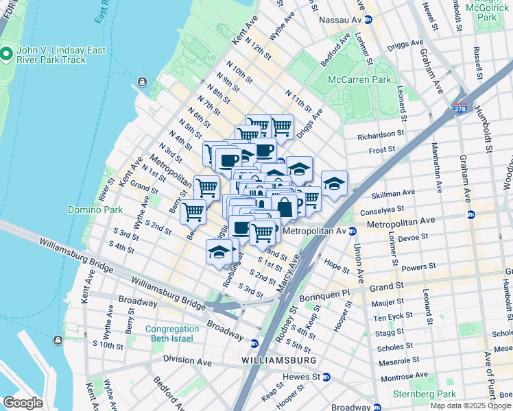map of restaurants, bars, coffee shops, grocery stores, and more near 235-209 North 4th Street in Brooklyn