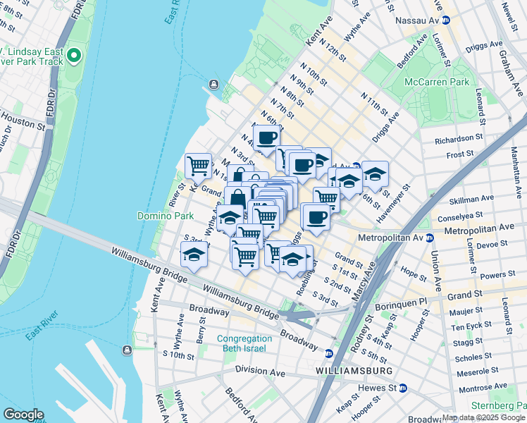 map of restaurants, bars, coffee shops, grocery stores, and more near 156 Grand Street in Brooklyn