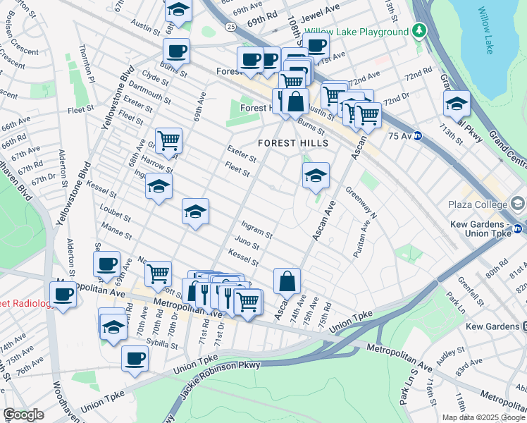 map of restaurants, bars, coffee shops, grocery stores, and more near 71-44 Harrow Street in Queens