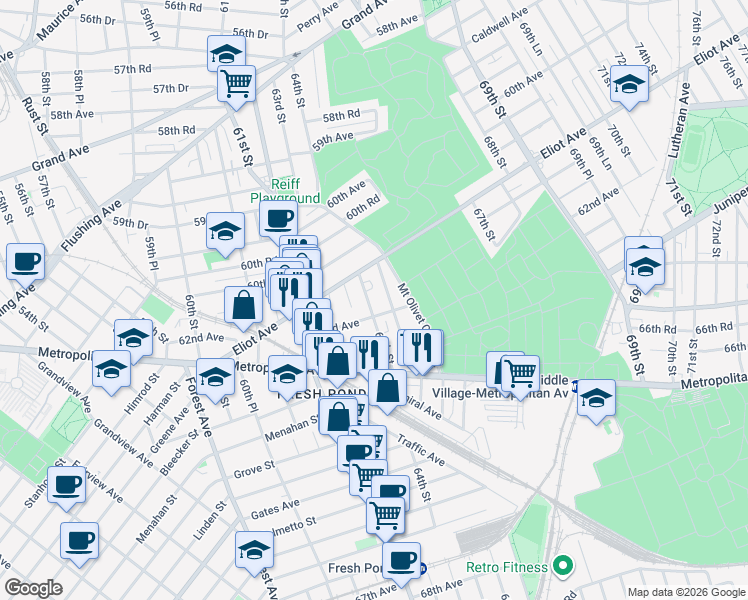 map of restaurants, bars, coffee shops, grocery stores, and more near 64-16 62nd Avenue in Queens
