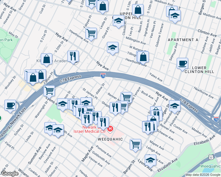map of restaurants, bars, coffee shops, grocery stores, and more near 321-323 Renner Avenue in Newark