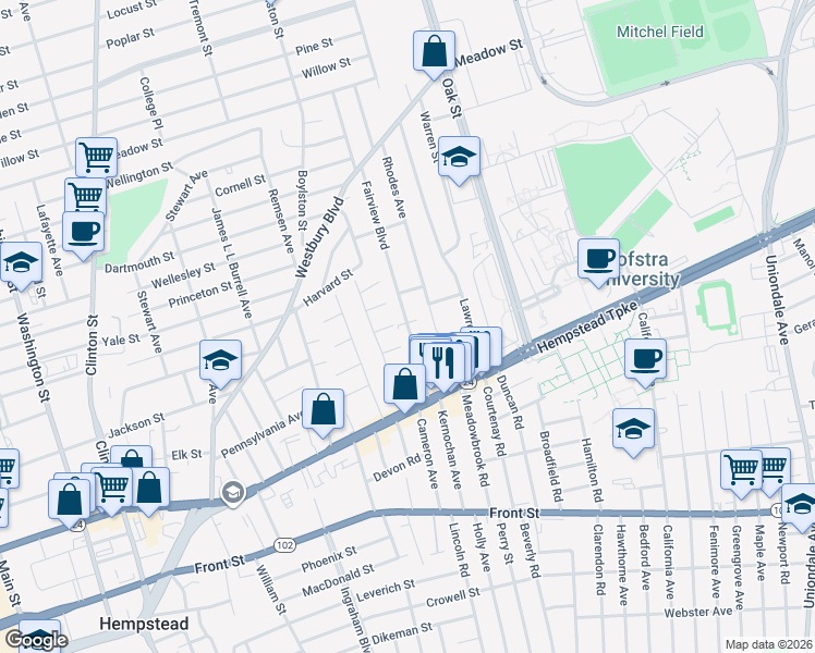 map of restaurants, bars, coffee shops, grocery stores, and more near 83 Fairview Boulevard in Hempstead
