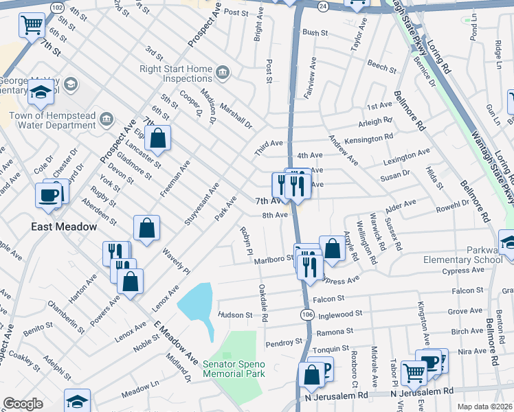 map of restaurants, bars, coffee shops, grocery stores, and more near 2598 8th Avenue in East Meadow