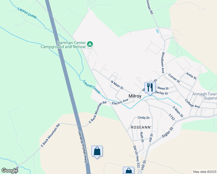 map of restaurants, bars, coffee shops, grocery stores, and more near Main Street in Milroy