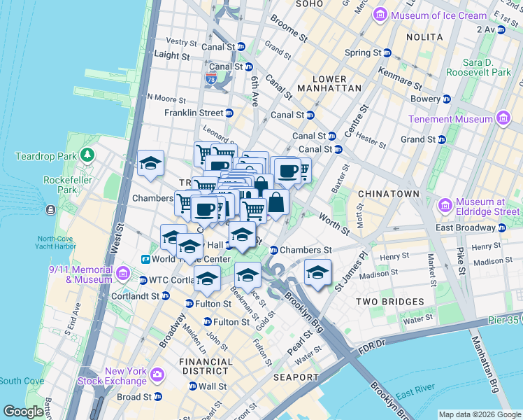 map of restaurants, bars, coffee shops, grocery stores, and more near 66 Duane Street in New York