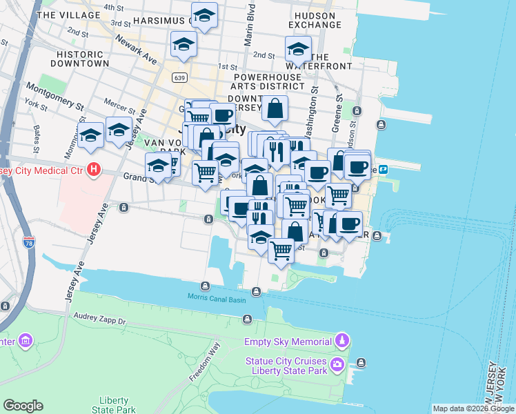 map of restaurants, bars, coffee shops, grocery stores, and more near 207 Warren Street in Jersey City