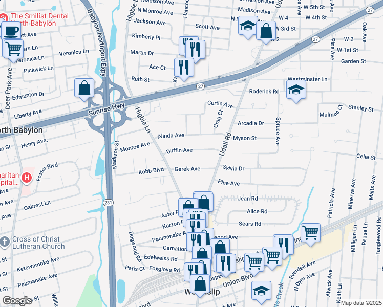 map of restaurants, bars, coffee shops, grocery stores, and more near 19 Gerek Avenue in West Islip