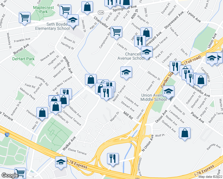 map of restaurants, bars, coffee shops, grocery stores, and more near 347 Nesbit Terrace in Irvington