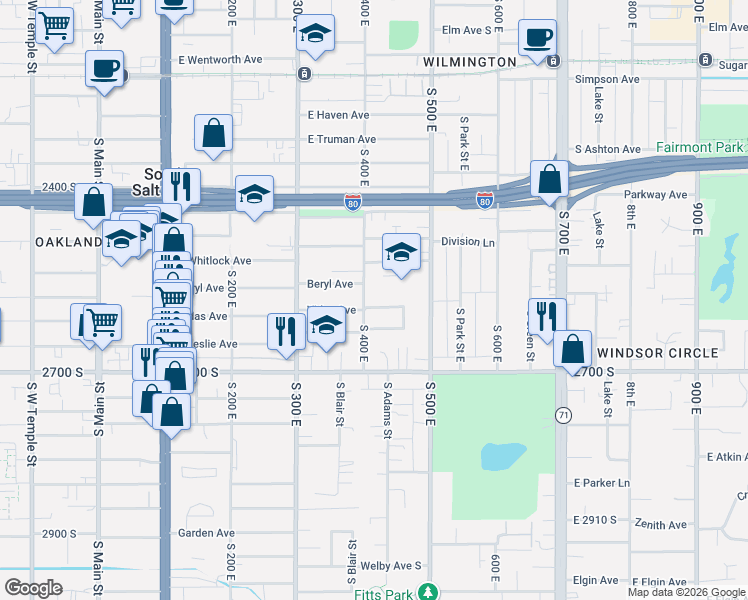 map of restaurants, bars, coffee shops, grocery stores, and more near 420 Vidas Avenue in Salt Lake City