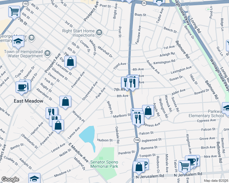 map of restaurants, bars, coffee shops, grocery stores, and more near 2598 8th Avenue in East Meadow