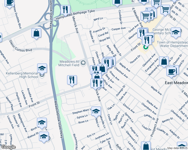 map of restaurants, bars, coffee shops, grocery stores, and more near in East Meadow