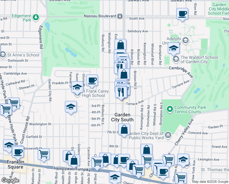 map of restaurants, bars, coffee shops, grocery stores, and more near 289 Euston Road South in Garden City
