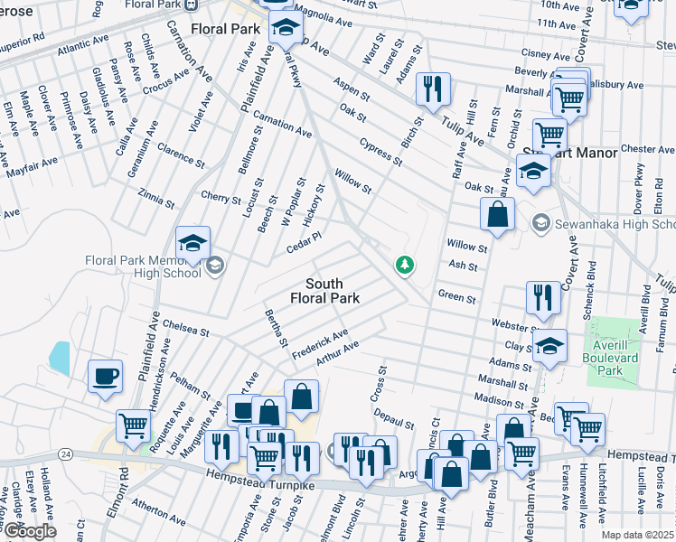 map of restaurants, bars, coffee shops, grocery stores, and more near in South Floral Park