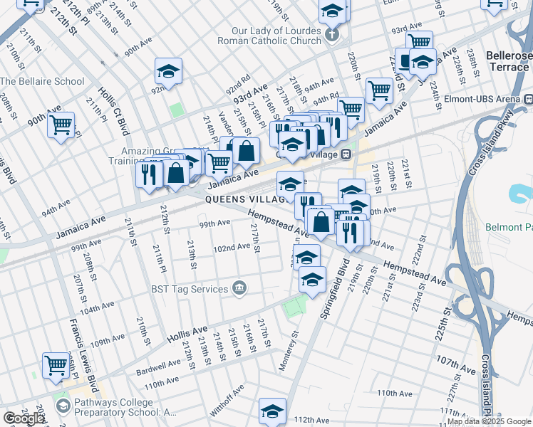 map of restaurants, bars, coffee shops, grocery stores, and more near 217-04 99th Avenue in Queens