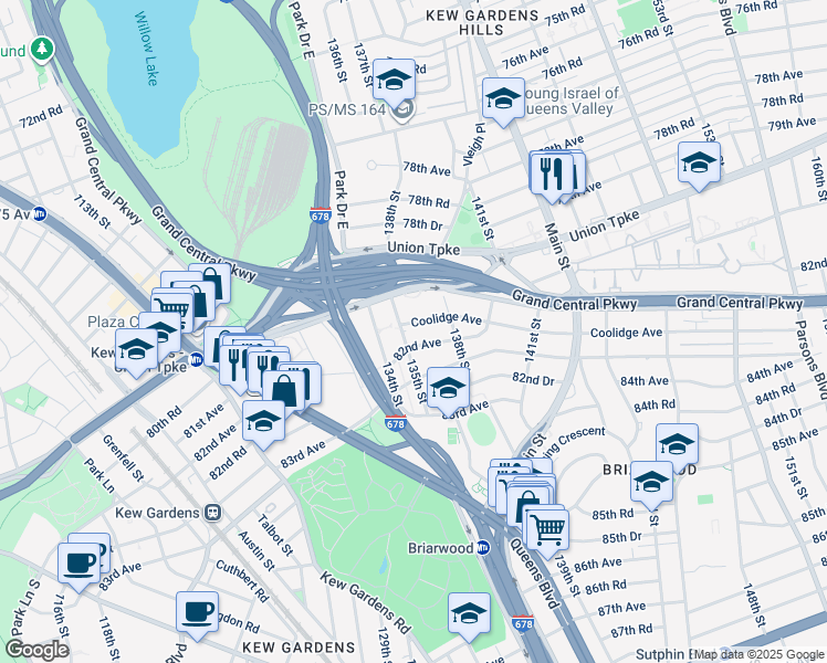 map of restaurants, bars, coffee shops, grocery stores, and more near 135-08 82nd Avenue in Queens