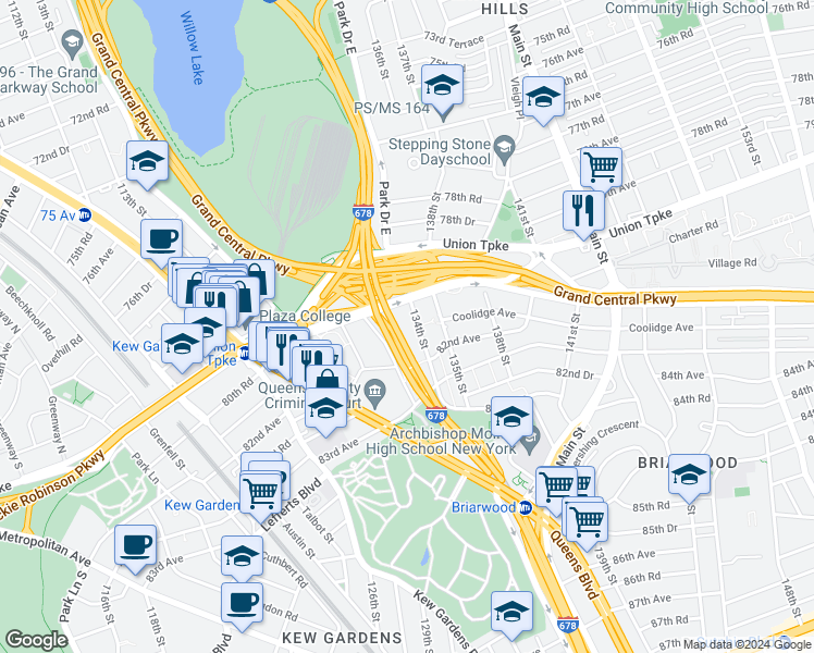map of restaurants, bars, coffee shops, grocery stores, and more near 134-1 82nd Avenue in Queens