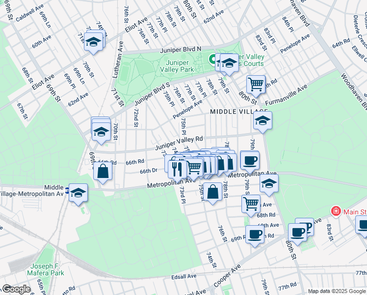 map of restaurants, bars, coffee shops, grocery stores, and more near 66-29 74th Street in Queens