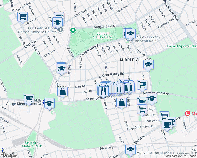 map of restaurants, bars, coffee shops, grocery stores, and more near 72-35 66th Road in Queens